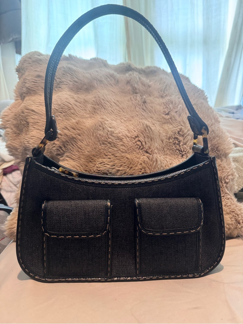 Cole Haan Y2K Black Denim Shoulder Bag with Dual Front Pockets